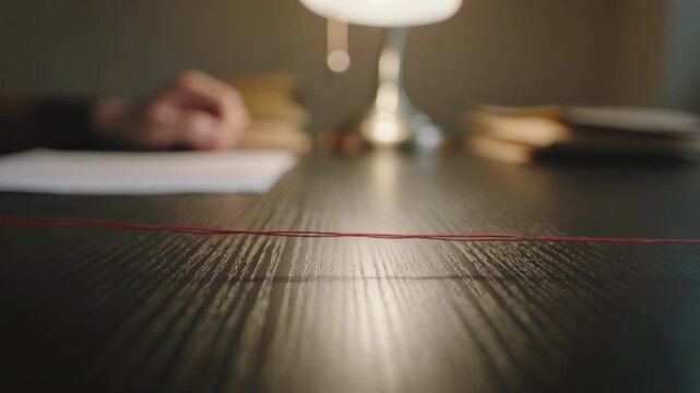 A hand pulls a single red thread taut across a dark desk under warm lamplight, symbolic and tense, great for mystery, connection and conceptual storytelling visuals