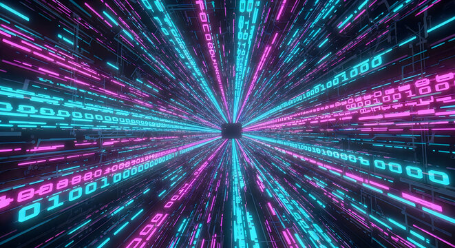 Digital data tunnel with rushing binary code streams in vibrant blue and pink neon colors representing high speed information transfer and cyberspace connectivity