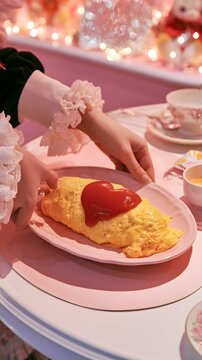 Close up of maid hands serving cute omurice with ketchup heart in Japanese cafe