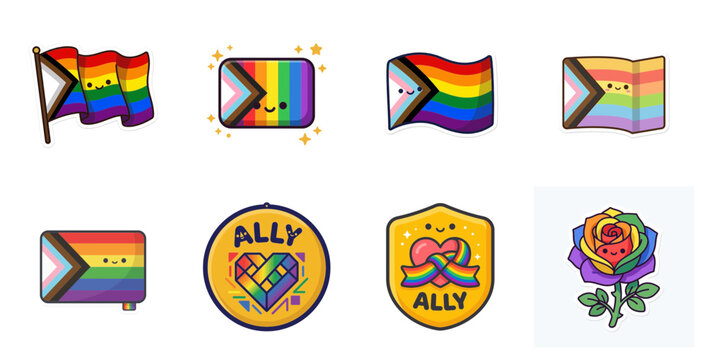 Pride Month LGBT Symbols Including Rainbow Flags and Ally Badges.