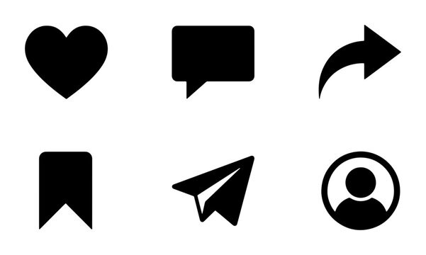Collection of six black social media icons: heart, chat bubble, share arrow, bookmark, paper plane, user profile Vector