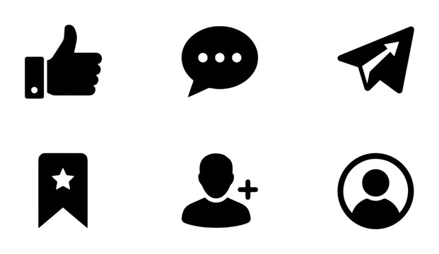 Set of six black social media icons: thumbs up, speech bubble, paper airplane, bookmark, add user, profile Vector