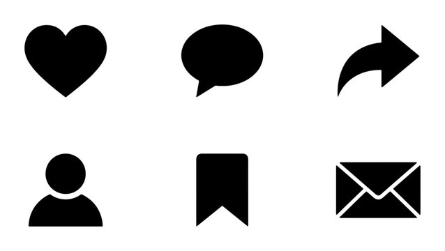 Set of 6 black social media icons: heart, speech bubble, share arrow, user profile, bookmark, and envelope Vector
