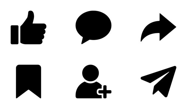 Set of social media icons: thumbs up, chat bubble, share, bookmark, add user, and paper airplane Vector