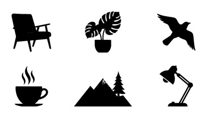 Fototapeta premium Collection of black silhouette icons: chair, plant, bird, coffee cup, mountains, and desk lamp Vector