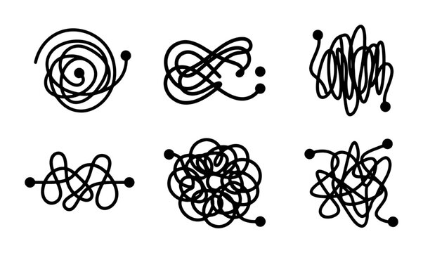 Collection of six hand-drawn tangled scribble lines with dots Vector