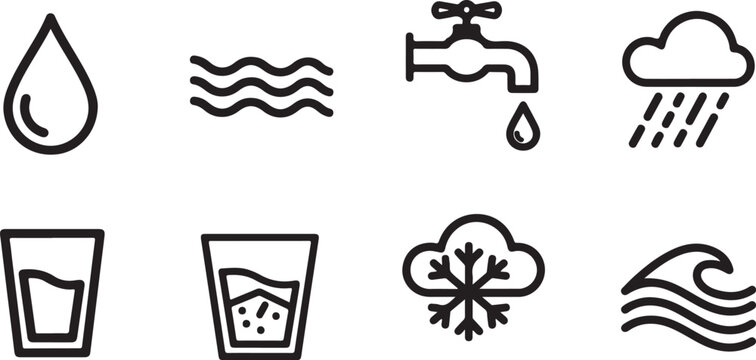 Eight water cycle icons in simple black and white line style