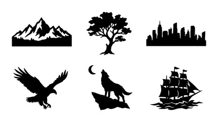 Collection of black silhouette icons: mountains, tree, city, eagle, wolf, and sailing ship Vector © MSTRANI