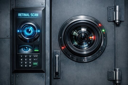 A close-up view of a metal door with a camera attached, perfect for uses such as security or surveillance scenes