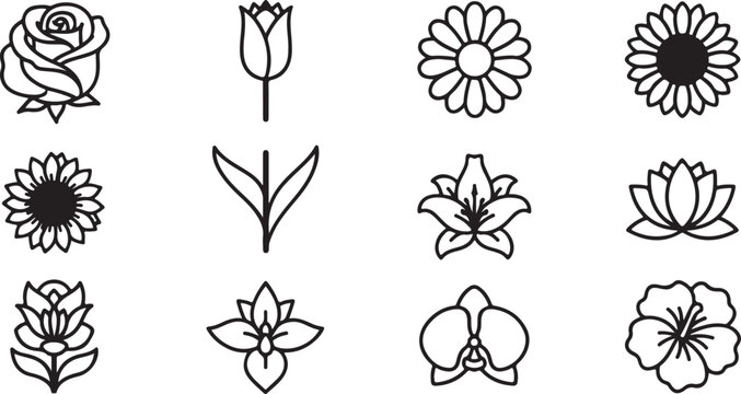 Set of twelve elegant black and white flower icons