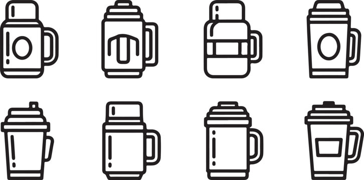 Flat line icons of travel coffee thermos bottles