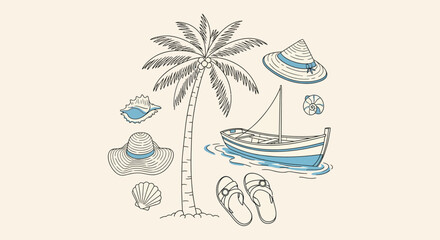 Obraz premium Summer Beach Vacation Elements: Palm Tree, Boat, Hats, Sandals, Seashells