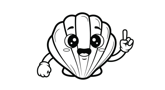 Adorable black and white cartoon seashell character with large expressive eyes pointing upwards with one hand.