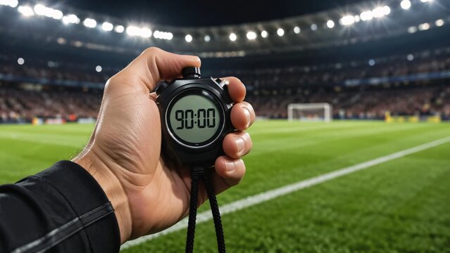 Referee hand holds a stopwatch with a 90 minute display on the football field.