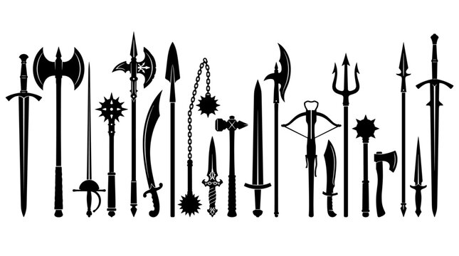 Large set of medieval weapon silhouettes collection featuring black sword axe mace spear fantasy combat armory icons on white