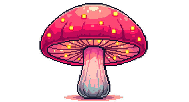 Whimsical Pixel Art Pink Mushroom Illustration.