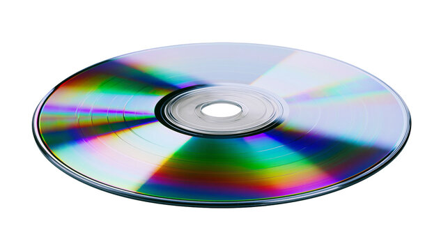 Shiny silver compact disc with rainbow spectrum reflections, isolated on transparent background