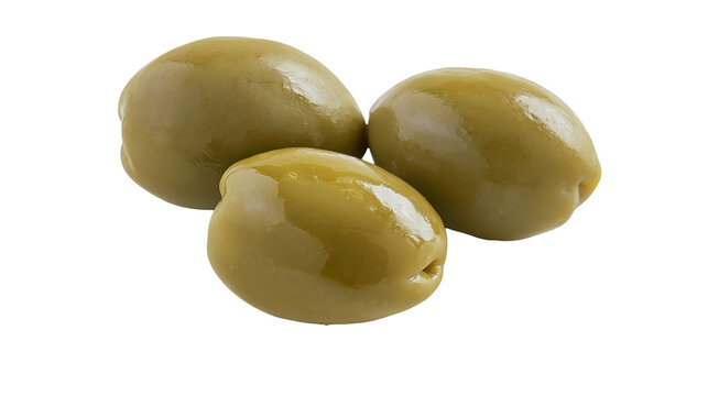 Three plump green olives with smooth shiny skin, isolated on transparent background