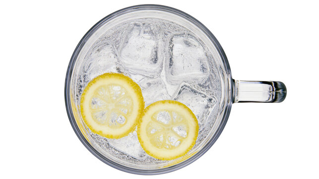 Clear glass mug with ice cubes carbonated water and lemon slices, isolated on transparent background