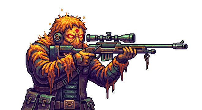 Zombie Sniper Aiming Rifle with Scope Pixel Art.