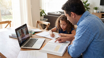 Fototapeta premium Father helps young daughter study from home during video lesson with laptop textbook notebooks showing remote education family support focus homeschool routine patient learning guidance