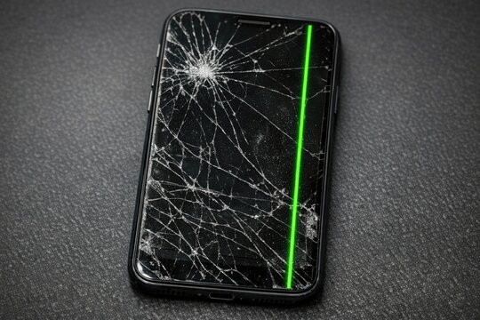A cell phone with a cracked screen and damaged casing sits on a table, perhaps in need of repair or replacement