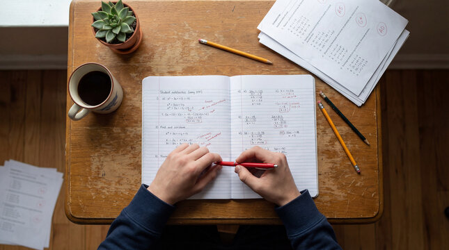 Student working on math homework at wooden desk with notebook pencils graded papers coffee plant showing study routine problem solving school assignments focused learning home education progress