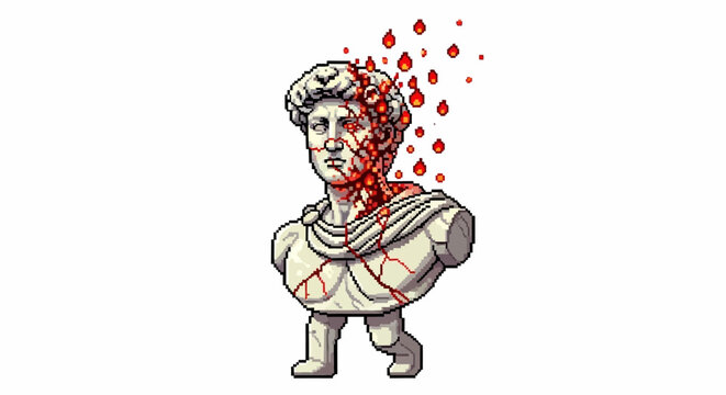 Surreal Ancient Sculpture Walking with Bloody Head Explosion.