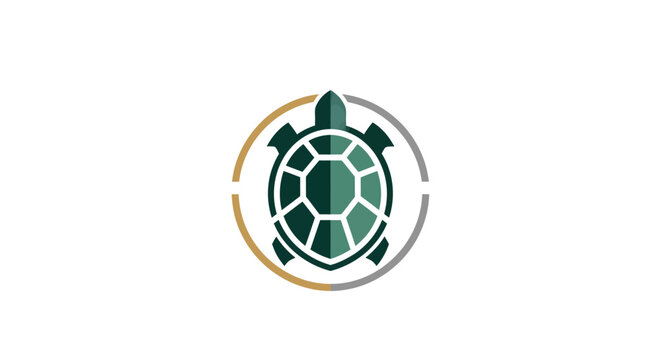 Stylized green turtle icon with segmented shell inside a circular emblem, featuring gold and silver accents on a white background.