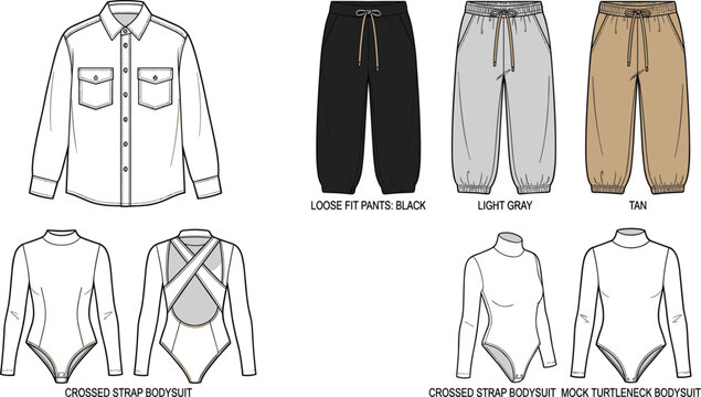 Fashion technical sketch vector apparel template set featuring men's safari shirt loose fit sweatpants and backless bodysuits