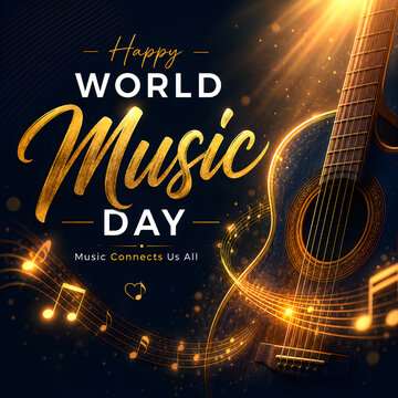 Happy world music day with guitar and notes