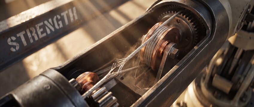 Fraying steel cable snapping pulley mechanism under heavy tension in industrial machinery concept representing failure risk mechanical breakdown and strength break under pressure close-up macro views.