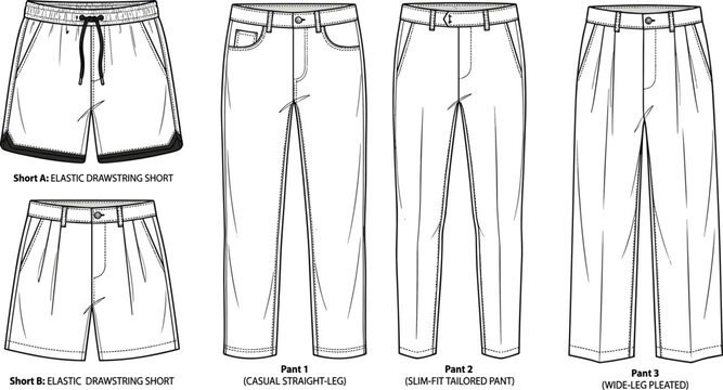 Fashion technical sketch vector garment set featuring men's casual trousers slim fit pants and elastic drawstring shorts templates