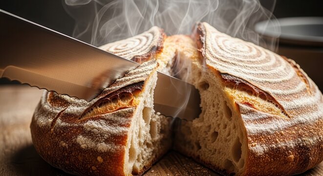 Freshly sliced artisan sourdough bread on wooden cutting board with knife in warm kitchen lighting