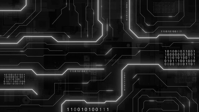 colorful glowing circuit board microchip with binary code futuristic matrix data network hi tech design loopable black technology background
