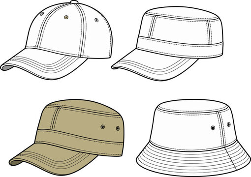 illustration of headwear featuring baseball cap military cadet hats and bucket hat templates