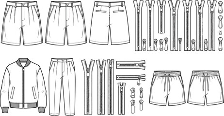 Fashion technical sketch vector template set with men's trousers bomber jacket casual shorts and zipper puller hardware © Md Atiar Rahman