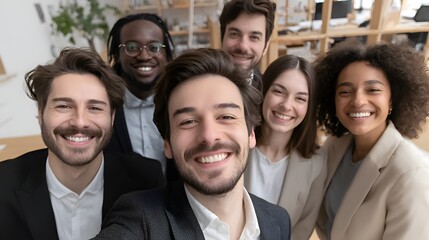 Fototapeta premium Diverse happy business team taking a group selfie in a modern office