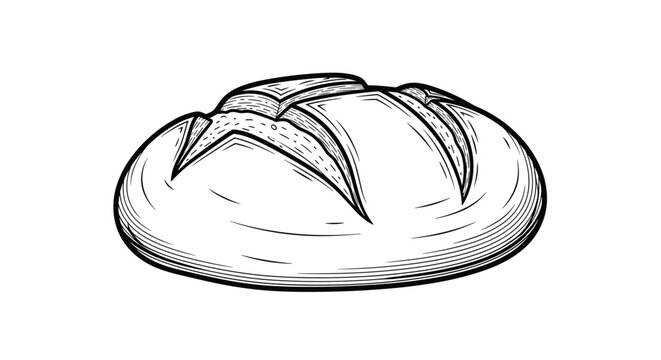 Traditional round loaf of crusty bread is depicted in a detailed black and white sketch showing the scored top surface.