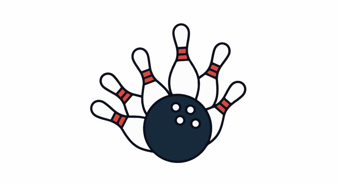 Stylized bowling ball and pins graphic with red and dark blue colors