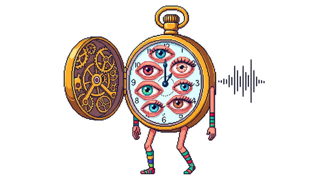 Surreal Pocket Watch Character with Multiple Eyes and Gears.