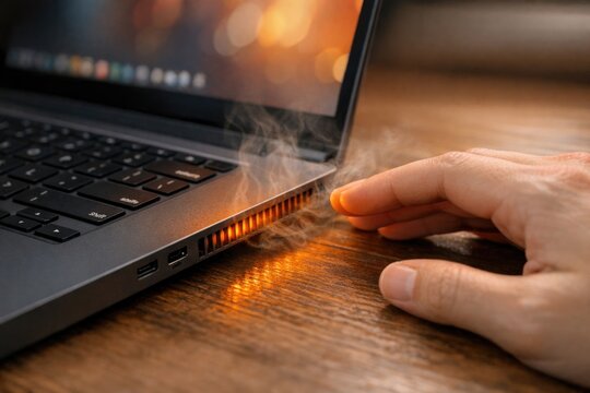 A person's hand resting on a laptop while smoke emanates from the device, potentially indicating a technical issue or hacking attempt