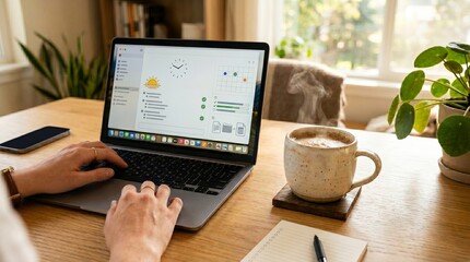 Fototapeta premium Person typing on laptop with coffee at cozy home workspace 