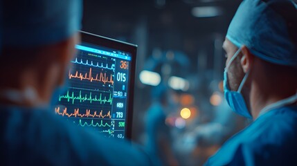 Healthcare professionals intently observing patient vital signs on a medical monitor in a hospital operating room or ICU