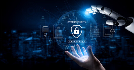 Fototapeta premium A robotic hand engages with a digital cybersecurity interface, symbolizing the fusion of technology and security in a modern, data-driven world. Cyphers