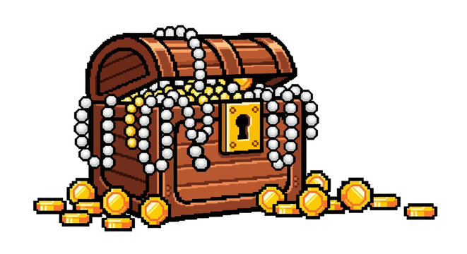Treasure Chest Overflowing with Gold Coins and Pearls.