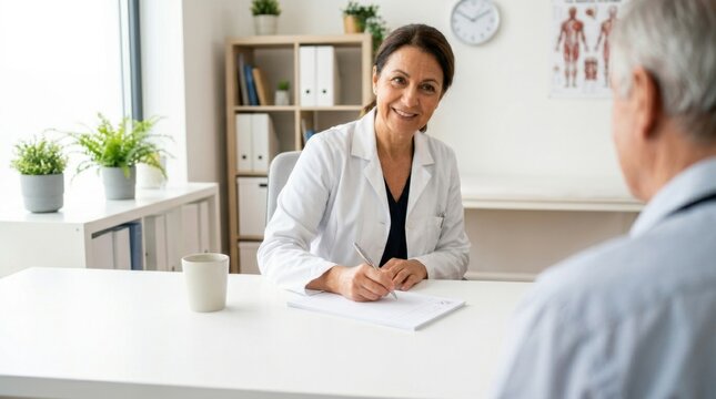 Medical worker writing a prescription or health report on a clipboard while talking to a smiling senior patient during a consultation at a table in a clinic room.