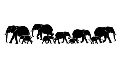 African elephant herd silhouette composition in family group arrangement wildlife safari vector illustration set © Emdadul