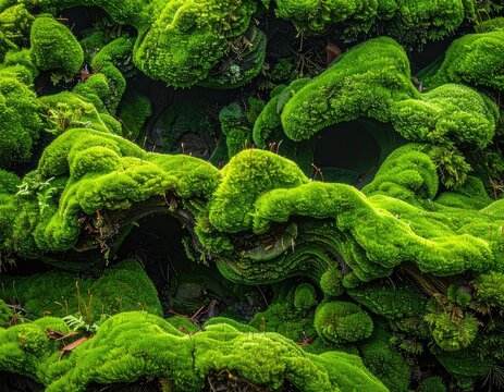 Lush green moss blankets gnarled, organic shapes in a verdant, detailed close-up