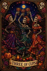 Obraz premium Colorful Skeletons Celebrate Together Under Full Moon in Night Sky